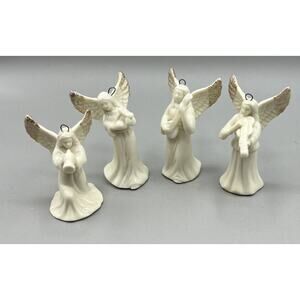 Christmas Decor 4 Angels Porcelain Dusted Gold Wing Harp Horn Violin Banjo 3.5"